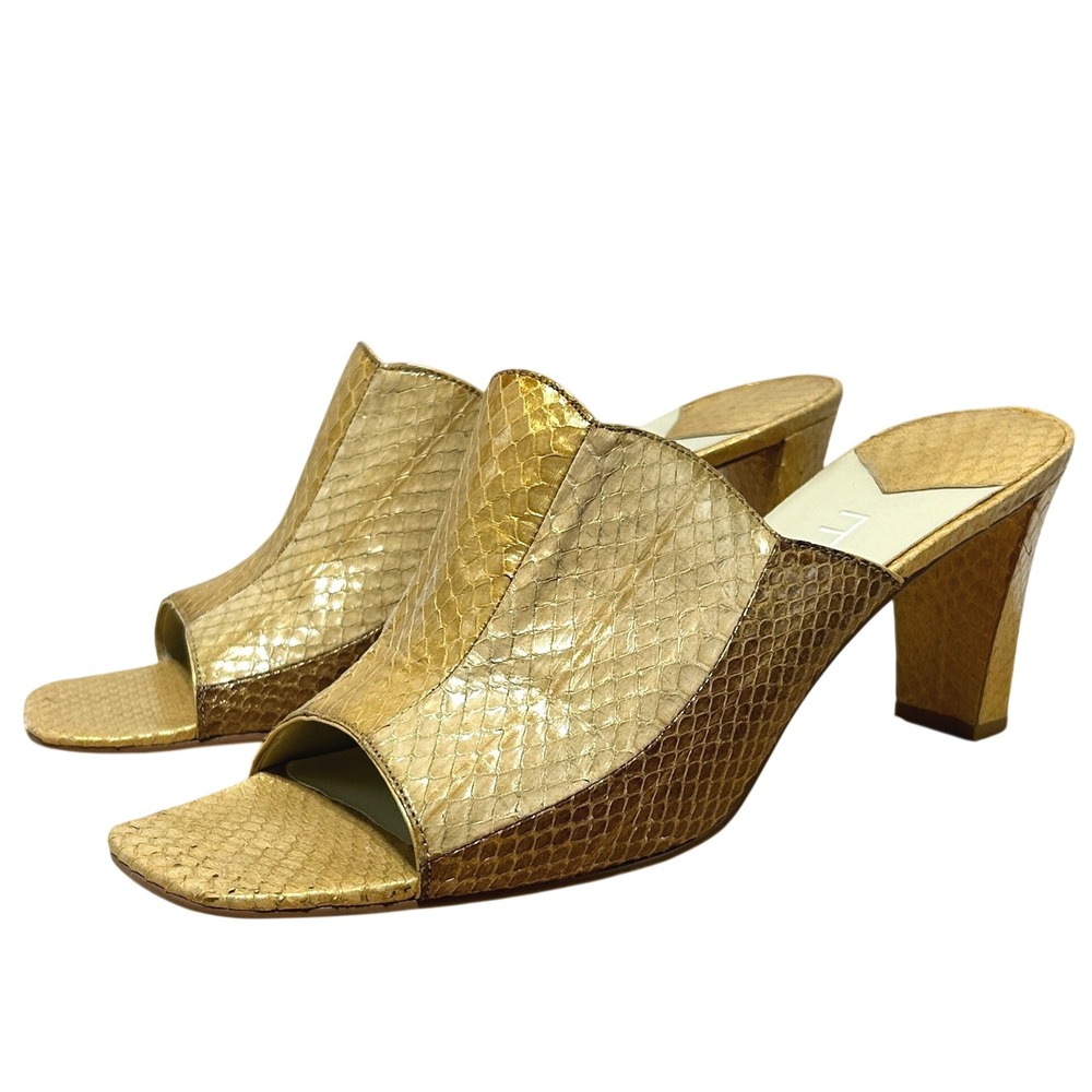 Moda Women's Metallic Gold Faux-SnakeSkin Slip On Square Open Toe Heel 10M